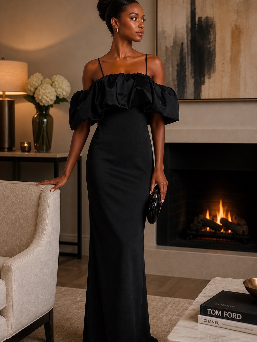 SIMKHAI Dorina Black Off Shoulder Ruffle Evening Gown NWT Size 0